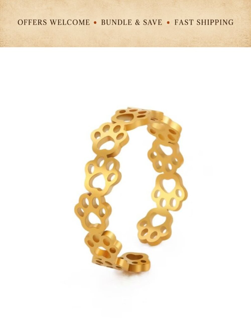 Adjustable Open Ring Stainless Steel Gold Plated Pet Paw Print Statement Band